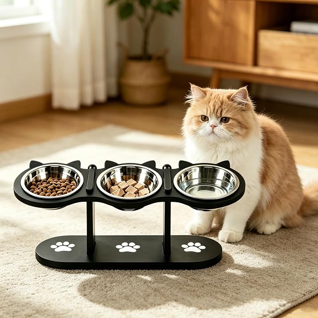 Foto 6 de 8 de Comedero para gatos elevado, acero inoxidable, juego de cuencos para perros, altura regulable