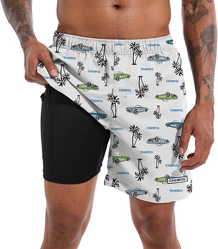 CHEXPEL Traje de baño para hombre, de secado rápido, con bolsillos y forro de compresión, entrepierna de 7 pulgadas