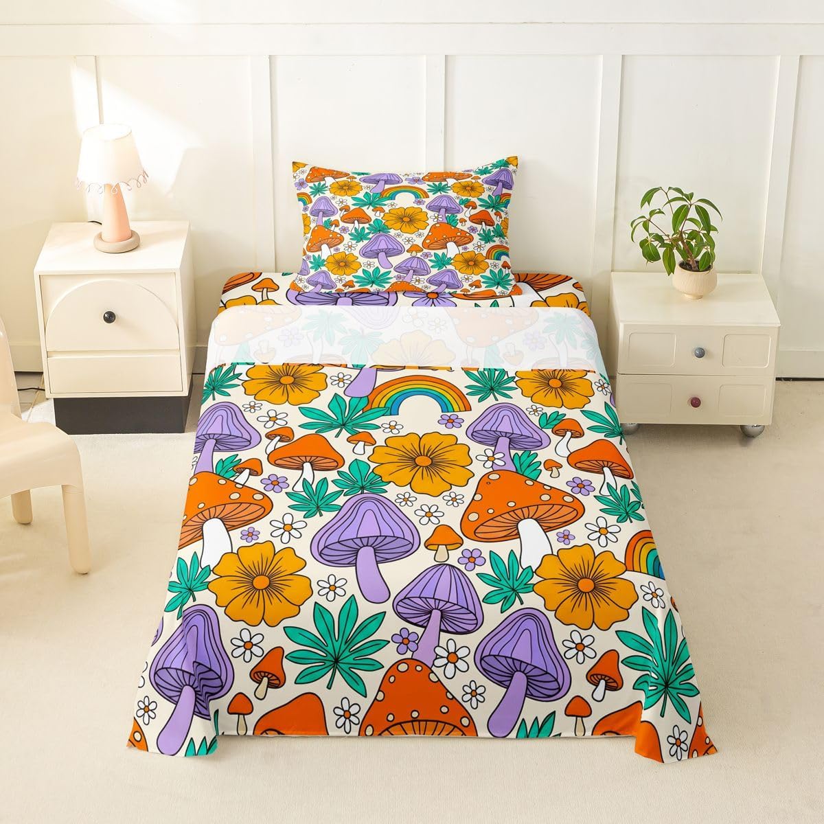 Feelyou Mushroom Bed Sheet Set Rainbow Eyed Print Bedding Set Retro 60S 70S Floral Fitted Sheet Flowers Groovy Flat Sheet for Kids Boys Girls 3Pcs with 1 Pillow Case Twin Size