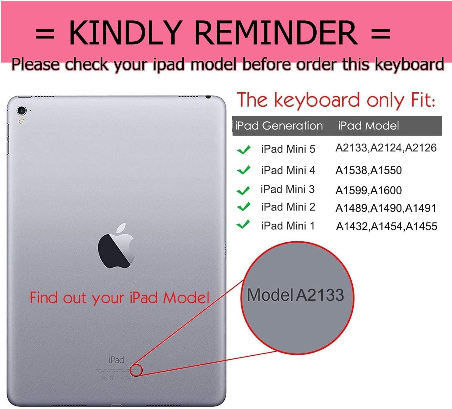 iPad Keyboard Case for iPad mini 2 3 4 5 with Detachable Keyboard and Pen Holder, Slim Smart Auto Sleep/Wake Cover Case (Pink)