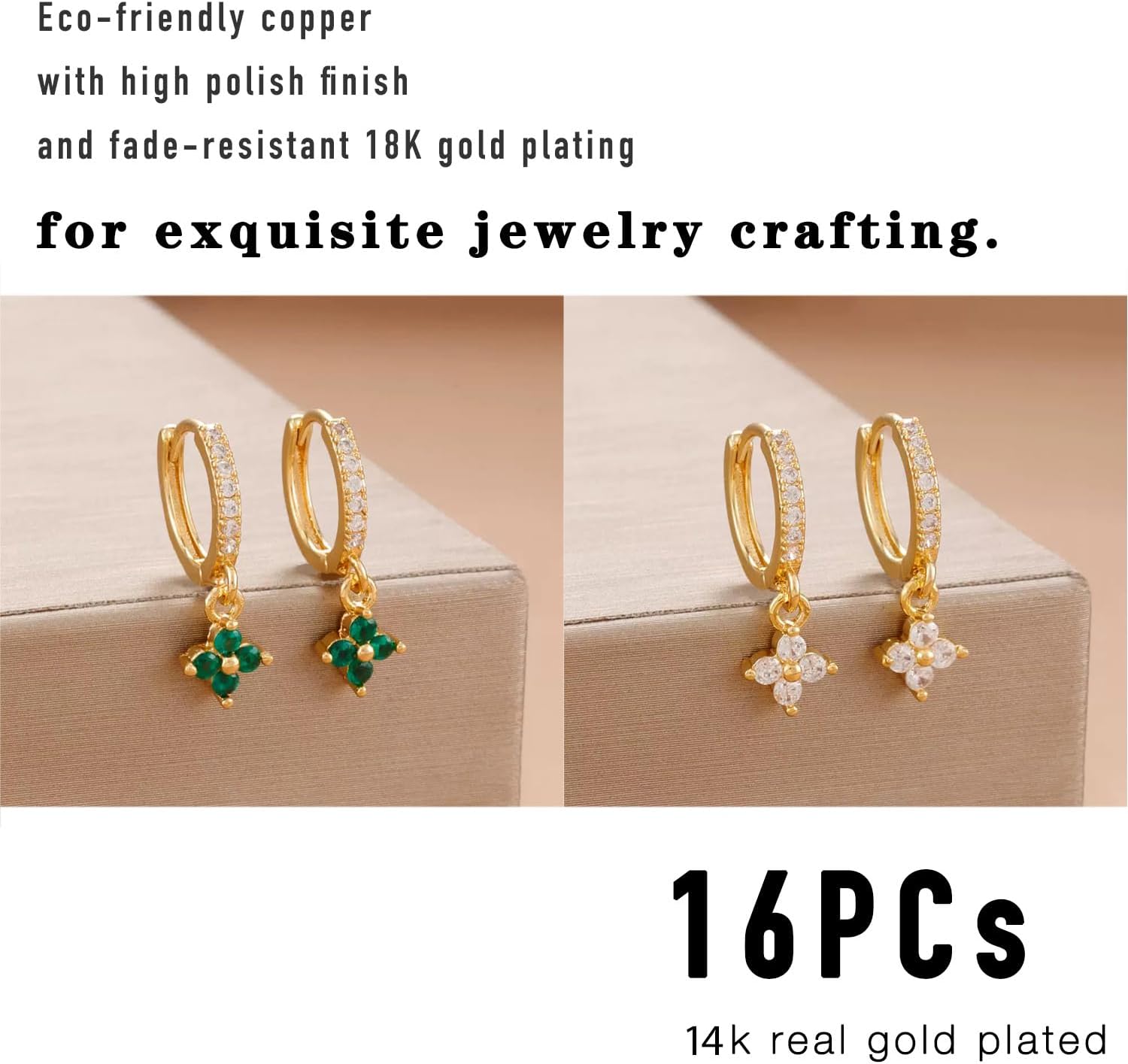 16Pcs CZ Huggie Earring Hooks for Jewelry Making-14K Gold Plated | Cubic Zirconia, Brass, Fadeless, High Polish, Hypoallergenic, Earring Making