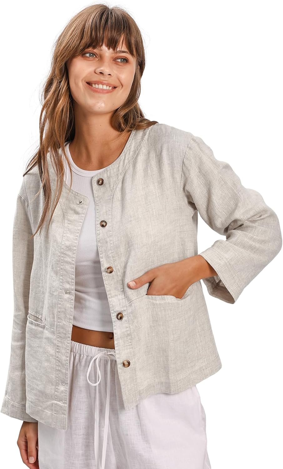 Amazhiyu Women's 100% Linen Long Sleeve Button Up Crew Neck Lightweight Cardigan