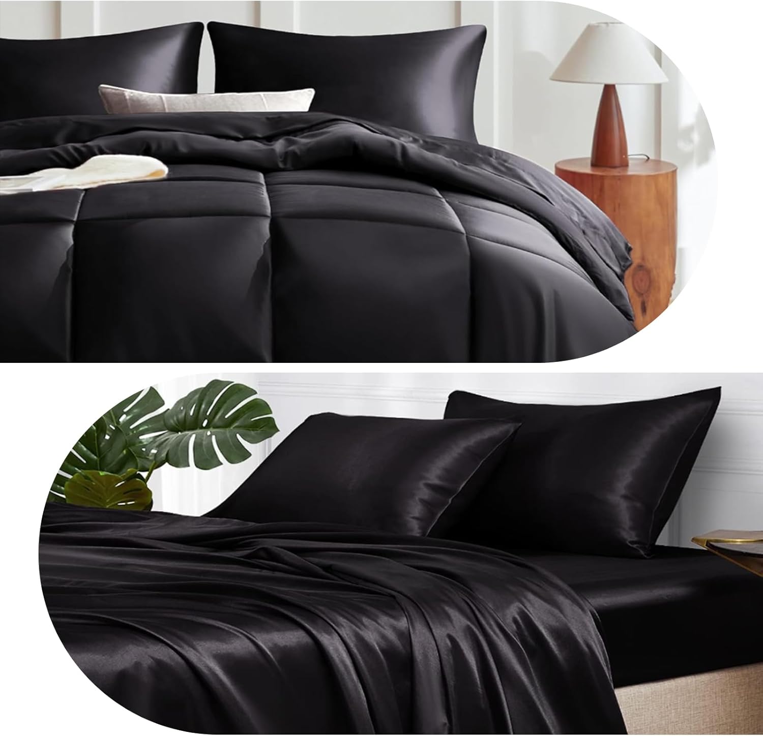 MR&HM Satin Sheets Bundle Satin Microfiber Comforter Set 3 Pcs Black Twin XL