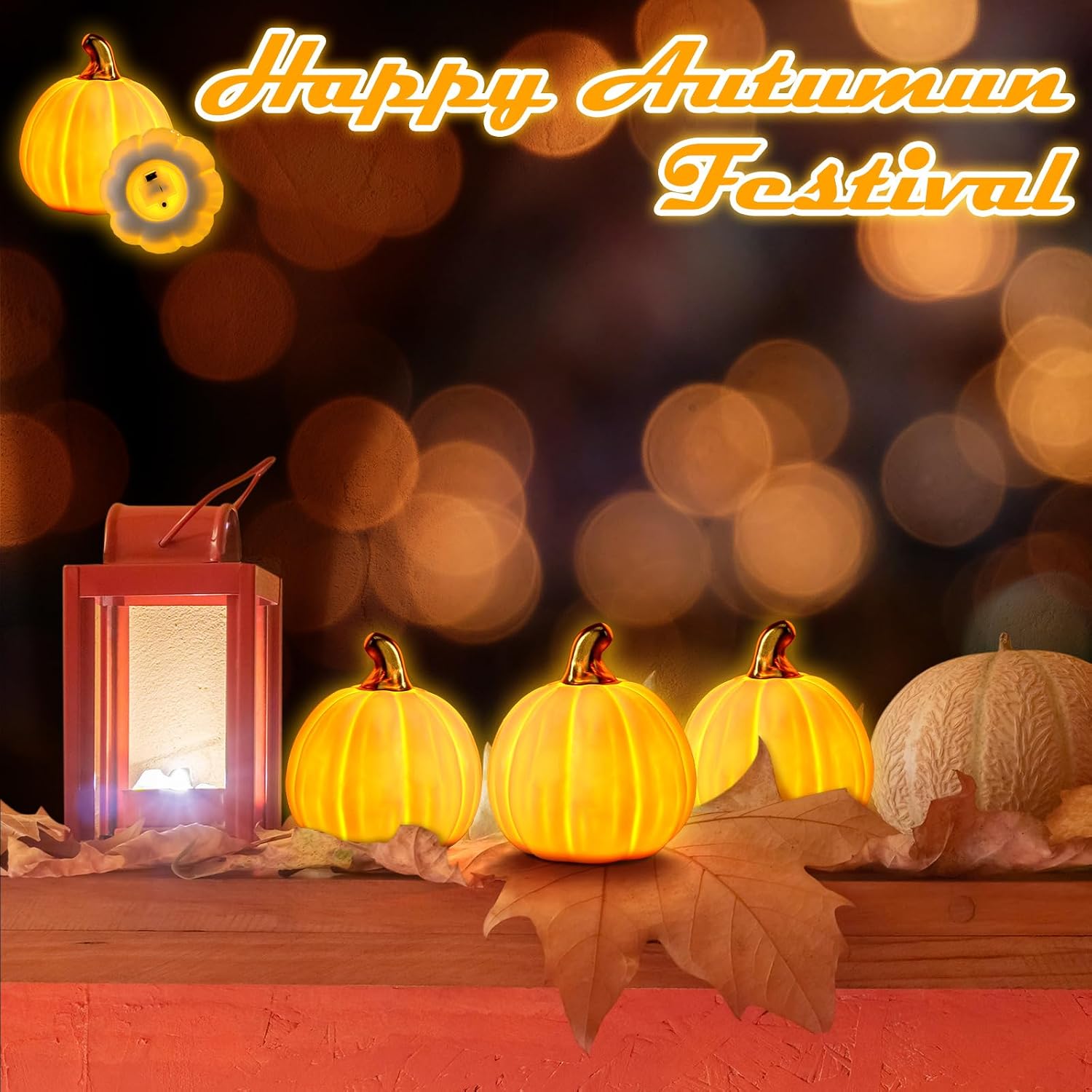 Rossesay 3 Pcs Light up Thanksgiving Pumpkin Tabletop Decor Light up Ceramic Pumpkins with Lights for Thanksgiving Fall Home Tabletop Kitchen Decor(White)