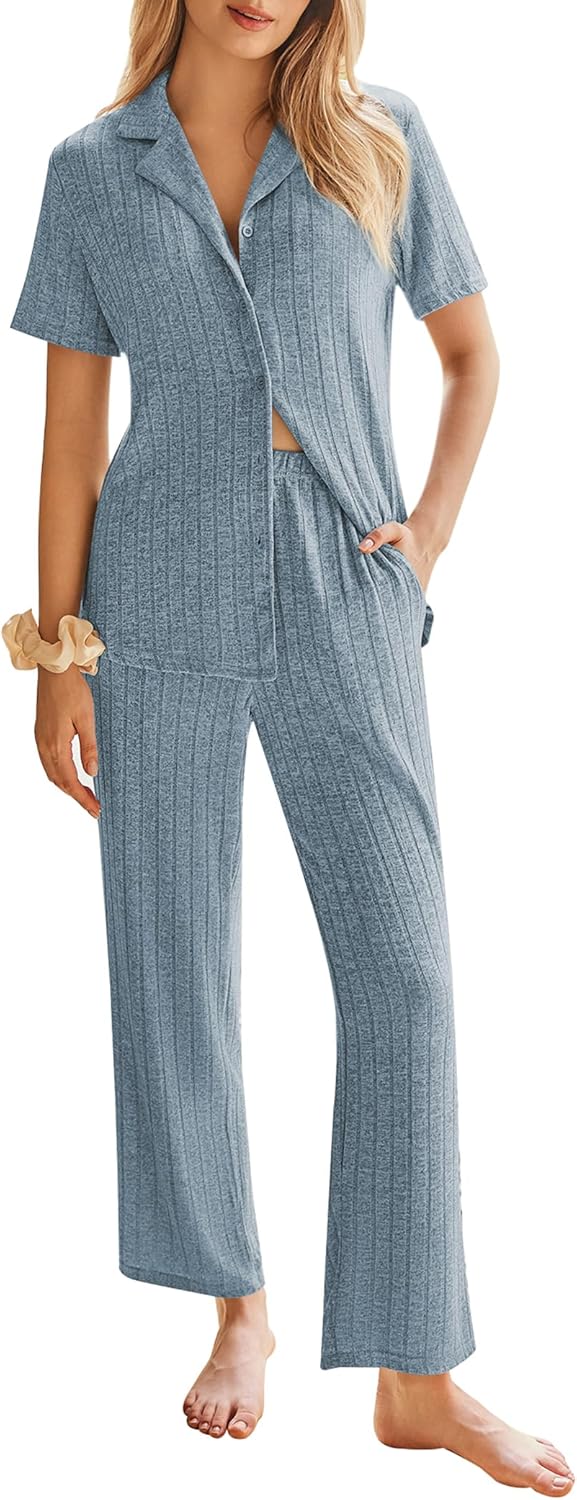Ekouaer Womens Rib Knit Pajamas Button Up Lounge Sets Short Sleeve Top and Long Pants Matching Pjs Sleepwear Loungewear