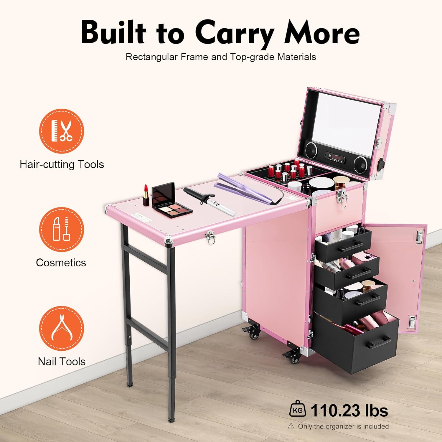 Rolling Portable Manicure Table, Foldable Rolling Manicure Desk Makeup Train Case with 4 Drawers Travel Cosmetic Trolley Storage Organizer for Technician Workstation Mobile Makeup Artist Trolley Pink