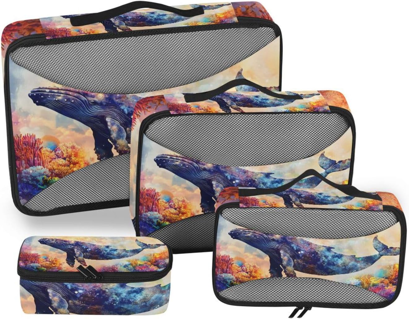 Surreal Whale Packing Cube Set of 4, Wide Zipper Opening Handle Luggage Organizers Travel Accessories for Organizing Clothing in Suitcases
