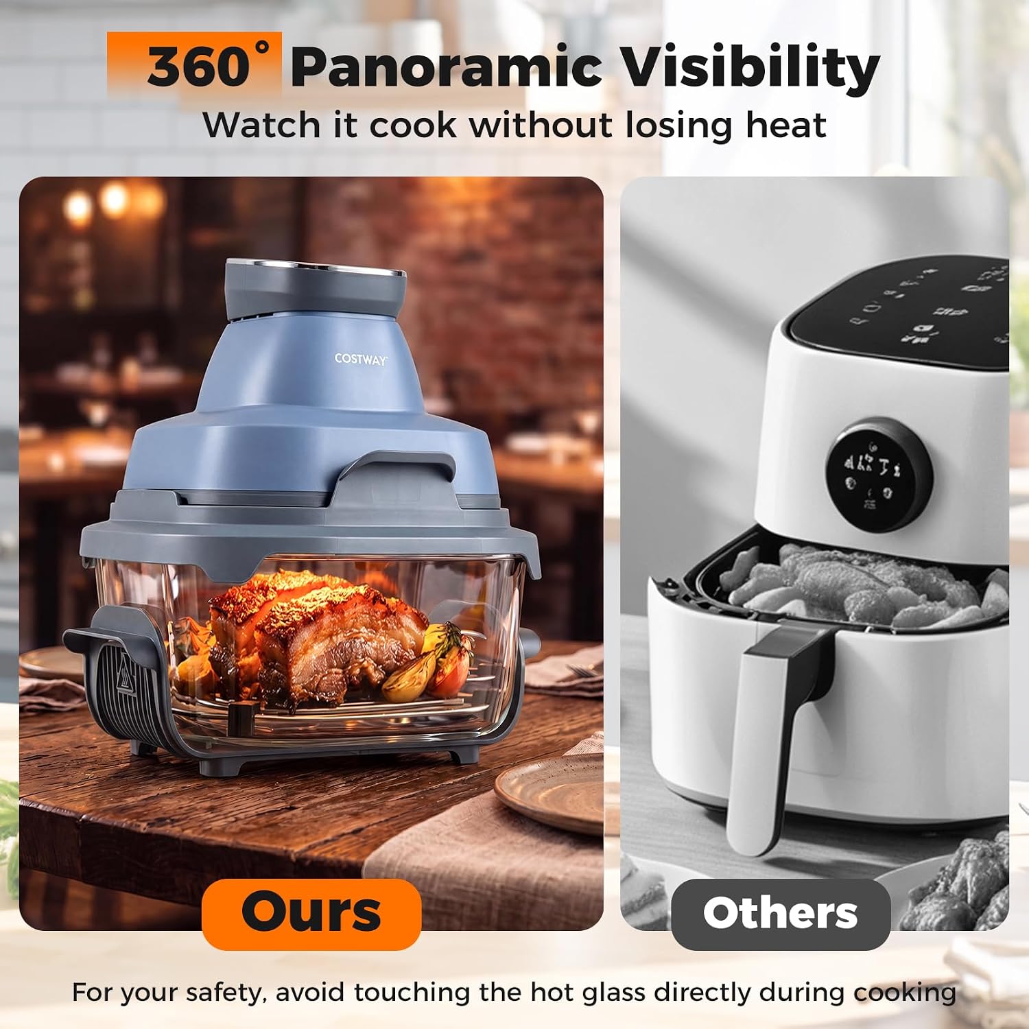COSTWAY 6-in-1 Portable Glass Air Fryer, Air Fry & Bake, 4.2QT & 1.8QT Dual Glass Containers with Lids, 1500W, Microwave, Freezer & Dishwasher Safe, 95% Less Oil, Built-in Thermostat (Navy)