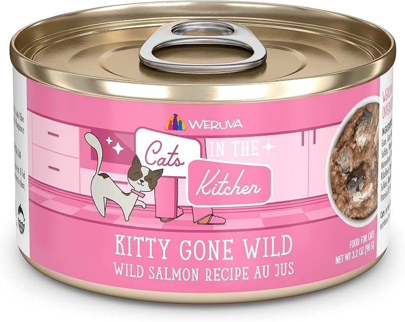Ração úmida para gatos Weruva Cats in the Kitchen Kitty Gone Wild com salmão selvagem e frutos do mar ao molho Au Jus, pacote com 24 latas de 91 g