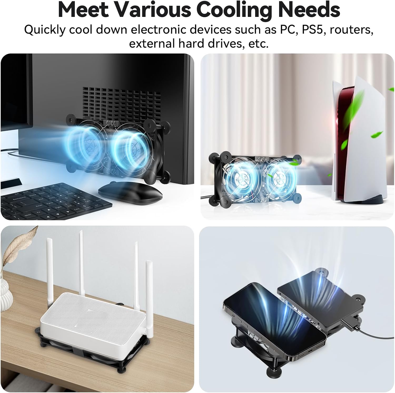 ELUTENG 80mm Dual Cooling Fan with Temperature Controller | Quiet USB Blower, 3 Adjustable High Speed Max 2750RPM, USB Port Heatsink Ventilator, 8 Silicone Pads