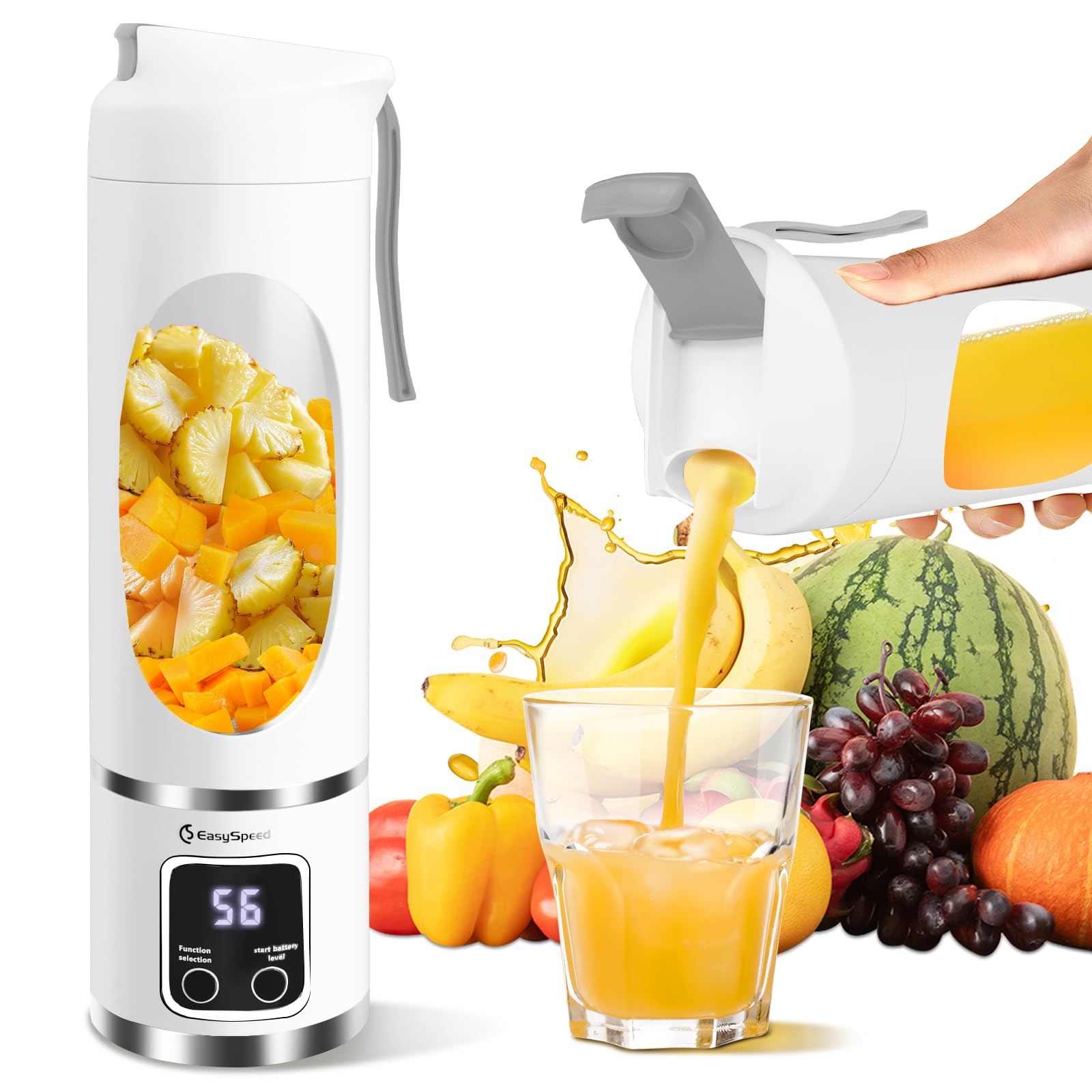 EasySpeed Tragbarer Mixer Smoothie Maker, 500ml Persönlicher Mini Entsafter Auslaufsicherem Deckel & Trinköffnung, 1500mAh Elektrisch USB-C, 12 Edelstahlklingen, BPA-frei für Reisen und Büro, Weiß