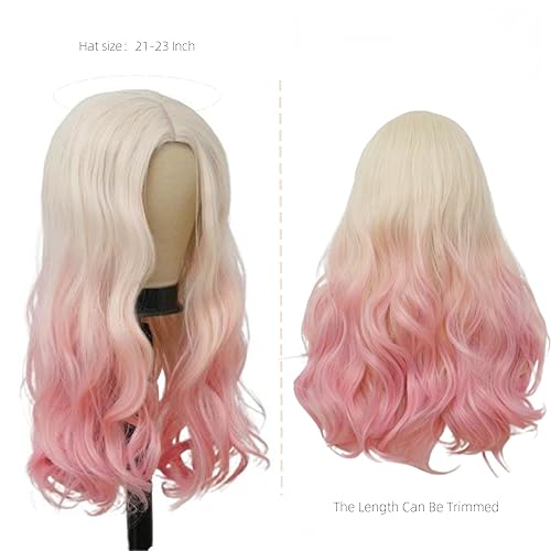 Miniatura 4 de Amnenl Peluca rizada rubia rosa para mujer, pelucas largas onduladas con raya en medio, peluca de pelo sintético natural para cosplay para Halloween