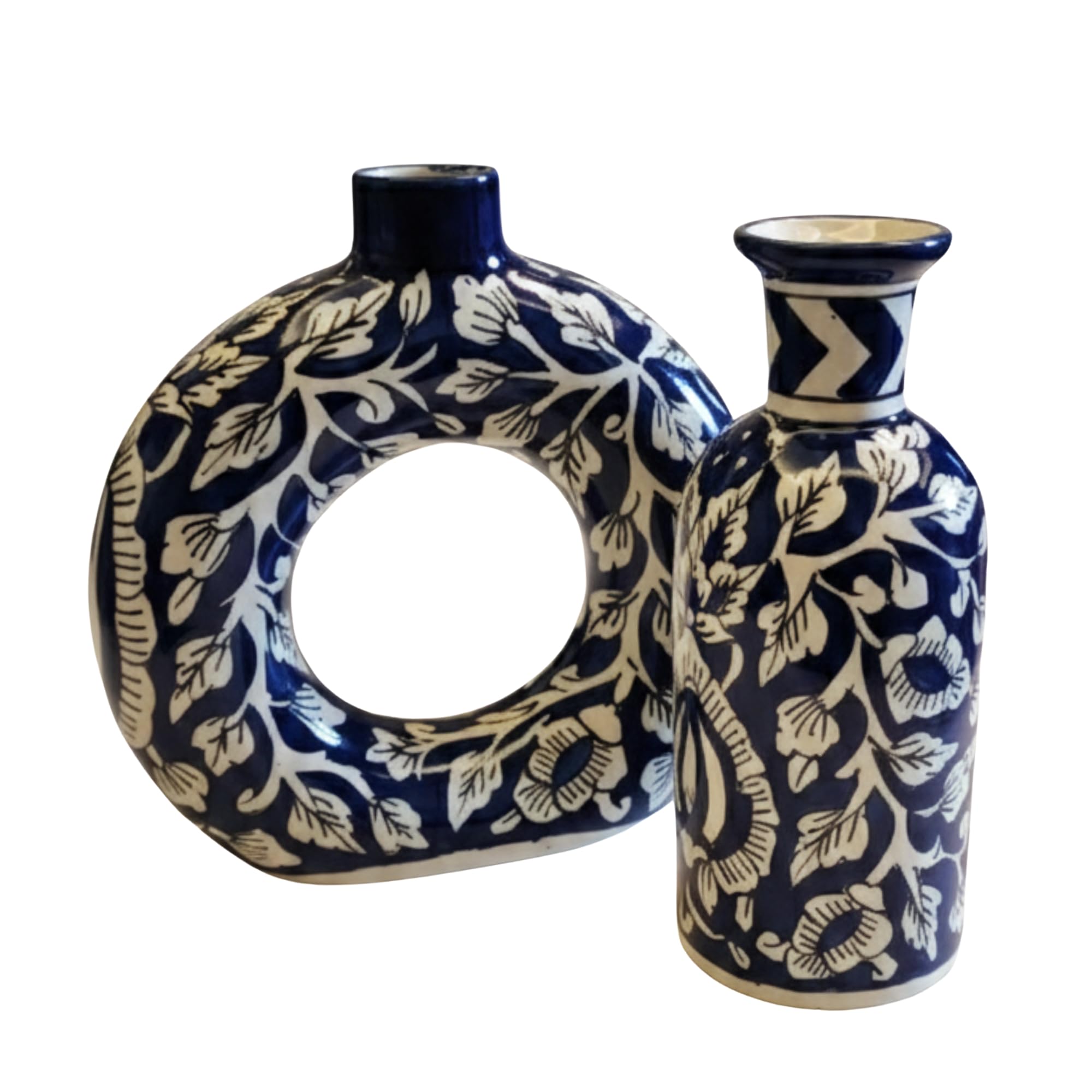 Decorative Ceramic Flower Vase Set of 2 | Blue & White Floral Design Vases | Modern Table & Home Decor-image-24