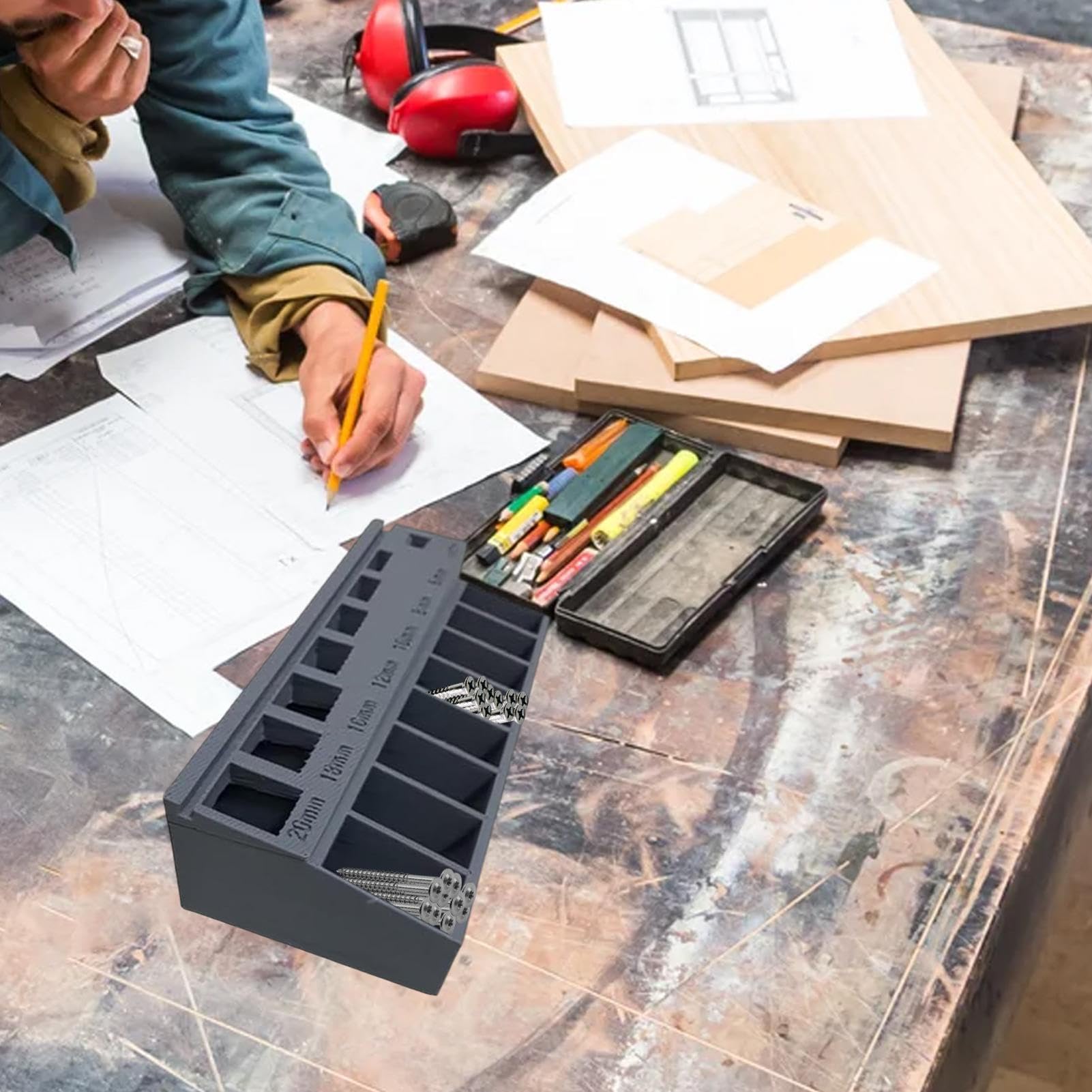 Clasificador de tornillos, tornillos, longitudes, bandeja de clasificación, estuche de almacenamiento ergonómico impreso en 3D, para taller, garaje, bricolaje, organización