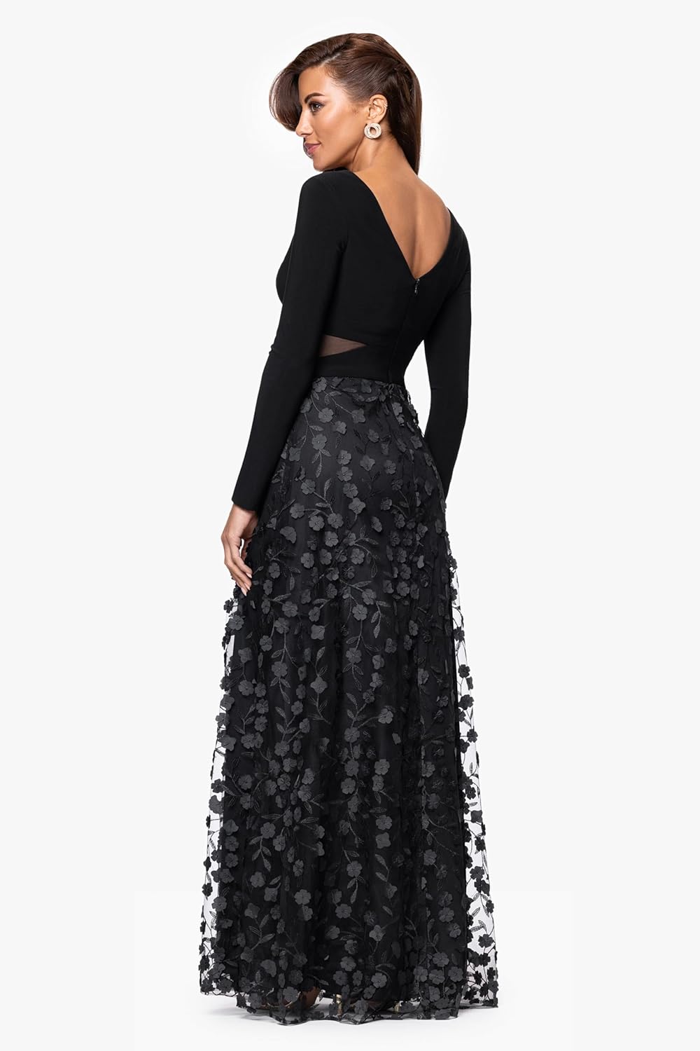 Xscape Women's Jersey Knit Long Sleeve V-Neck Floral Skirted Gown