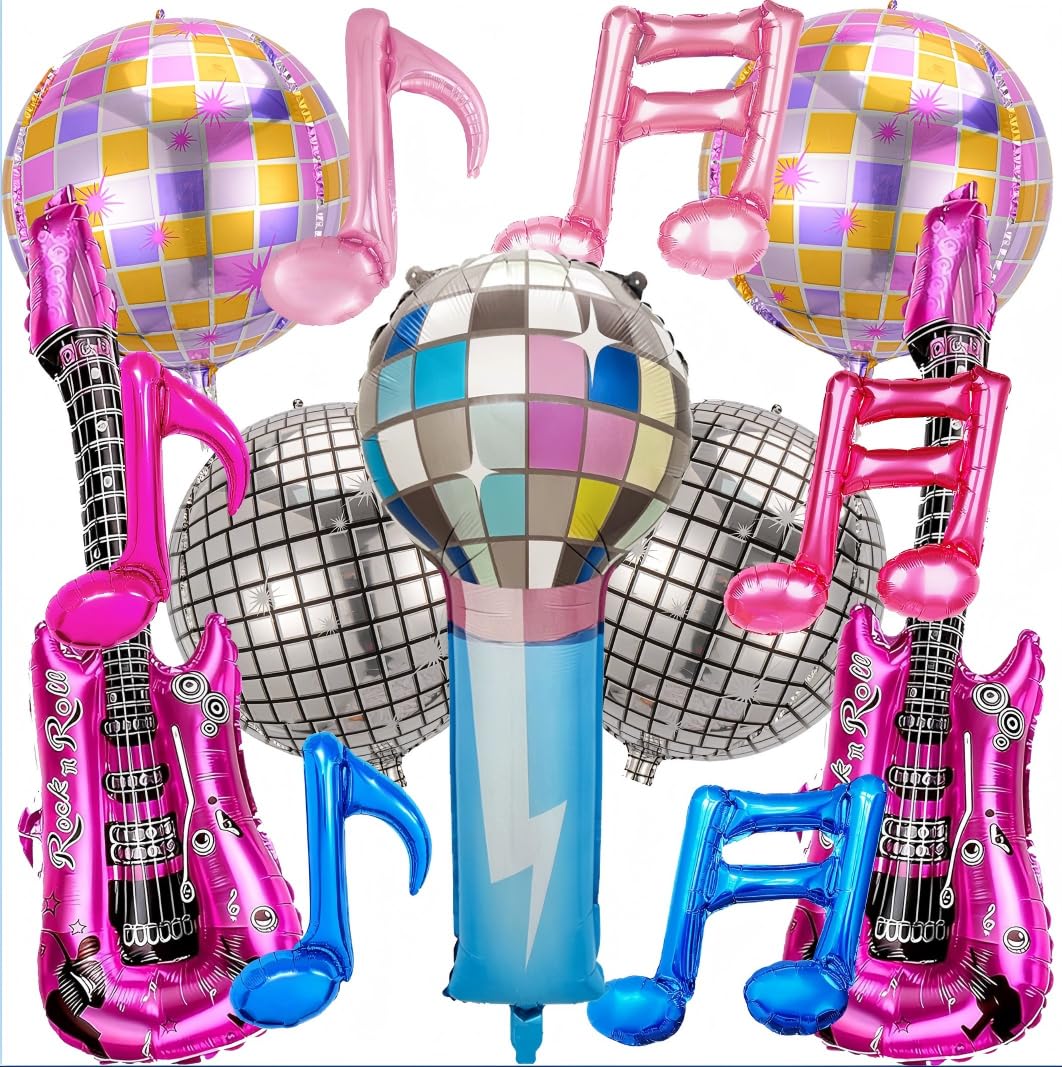 PAUBLLON Disco Party Balloons Dancing Queen-Pop Music Party Disco ball Balloons Inflatable Rock Star Guitar Props, for 70s 80s 90s theme Party, Hip Hop & Graduation Party (Popmusic)