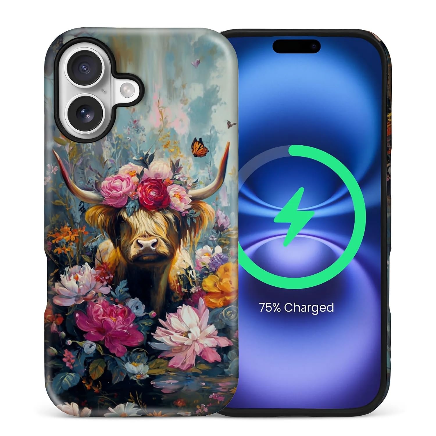 CARLOCA Custodia protettiva lucida per iPhone 17 compatibile con Magsafe Full Body per ragazza ragazzo antiurto ricarica magnetica motivo arte rococò colorata mucca delle Highland fiori farfalla