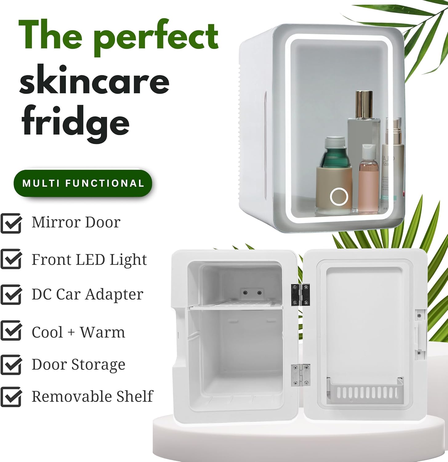 COLDBAY Skincare Fridge with Mirror Door, LED Light, Cool and Warm Makeup Vanity Refrigerator for cosmetic, drinks, compact Design for Bedroom Bathroom, Dorm, AC Cord, DC Adapter for car