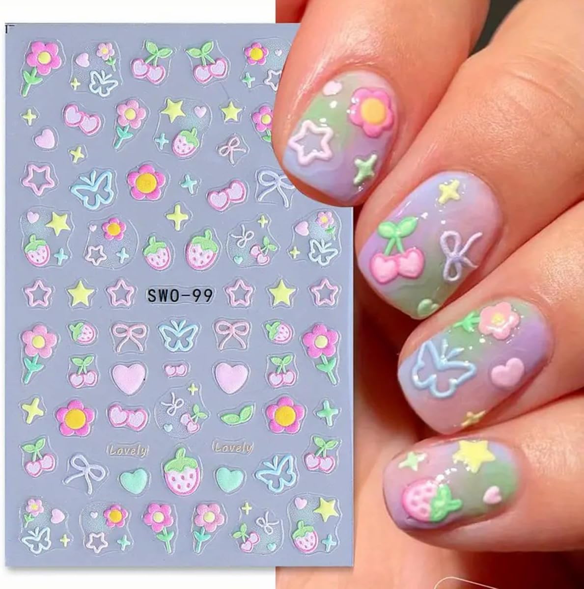 Flower Nail Art Stickers 5D Embossed Flowers Nail Decals 3PCS Cute Cherry Strawberry Heart Star Self-Adhesive Design Flower Stickers for Nails Colorful Bow Butterfly Kawaii Manicure Sliders for Women