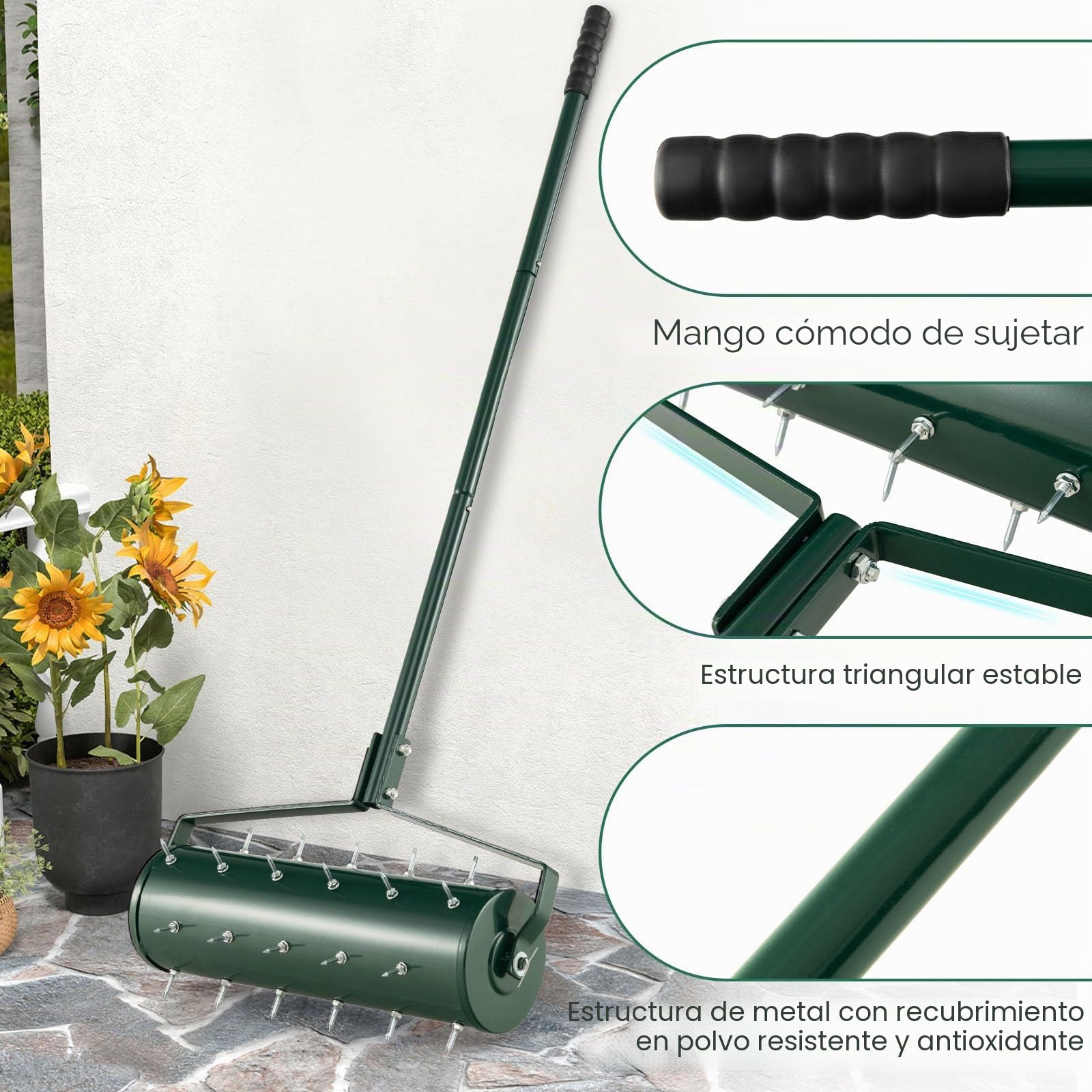 RELAX4LIFE Aireador para césped con rodillo de 44 cm/52 cm, 27/33 puntas antioxidantes de 3,4 cm, aireador de césped con mango largo, ideal para patios, jardines y césped (ancho: 52 cm, verde)