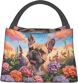 French Bulldog and Garden Insulated Lunch Box for Women Dog Lovers, Cute Puppy Pattern Tote Lunchbags, Reusable Cooler Lunchbox & Makeup Bag Gifts for Work, School, Picnic, Office