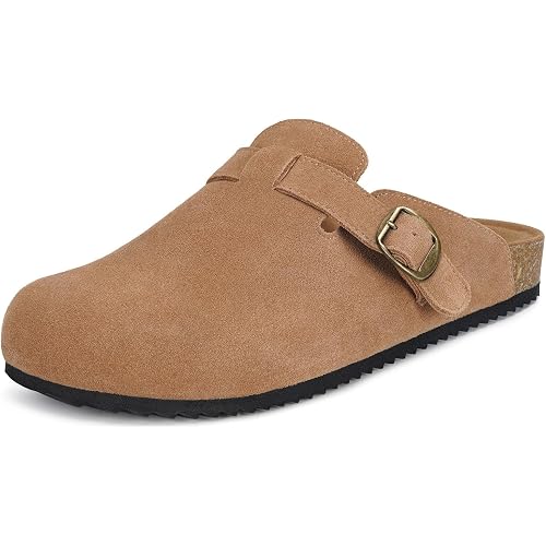 Genuine Suede Clogs Womens Mens Cork Footbed Sandals Potato Shoes | Unisex Suede Leather Mules ，Arch Support，Adjustable Metal Buckle，Cork and Rubber，Wonderful Quality