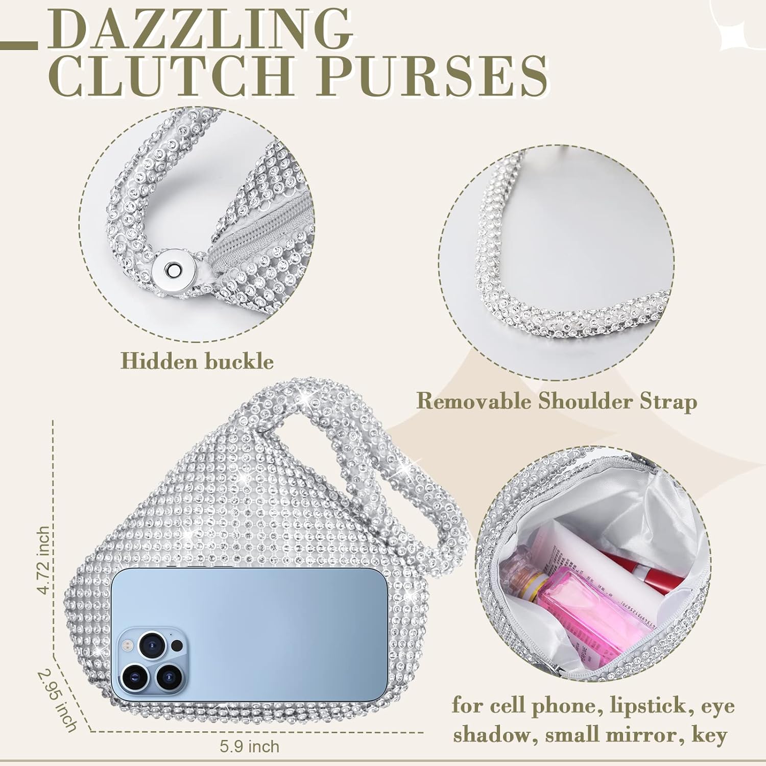Meanplan 4 Pcs Silver Clutch Purse Jewelry Set for Women Rave Accessories Evening Rhinestone Purse Silver for Bride Wedding - Image 6
