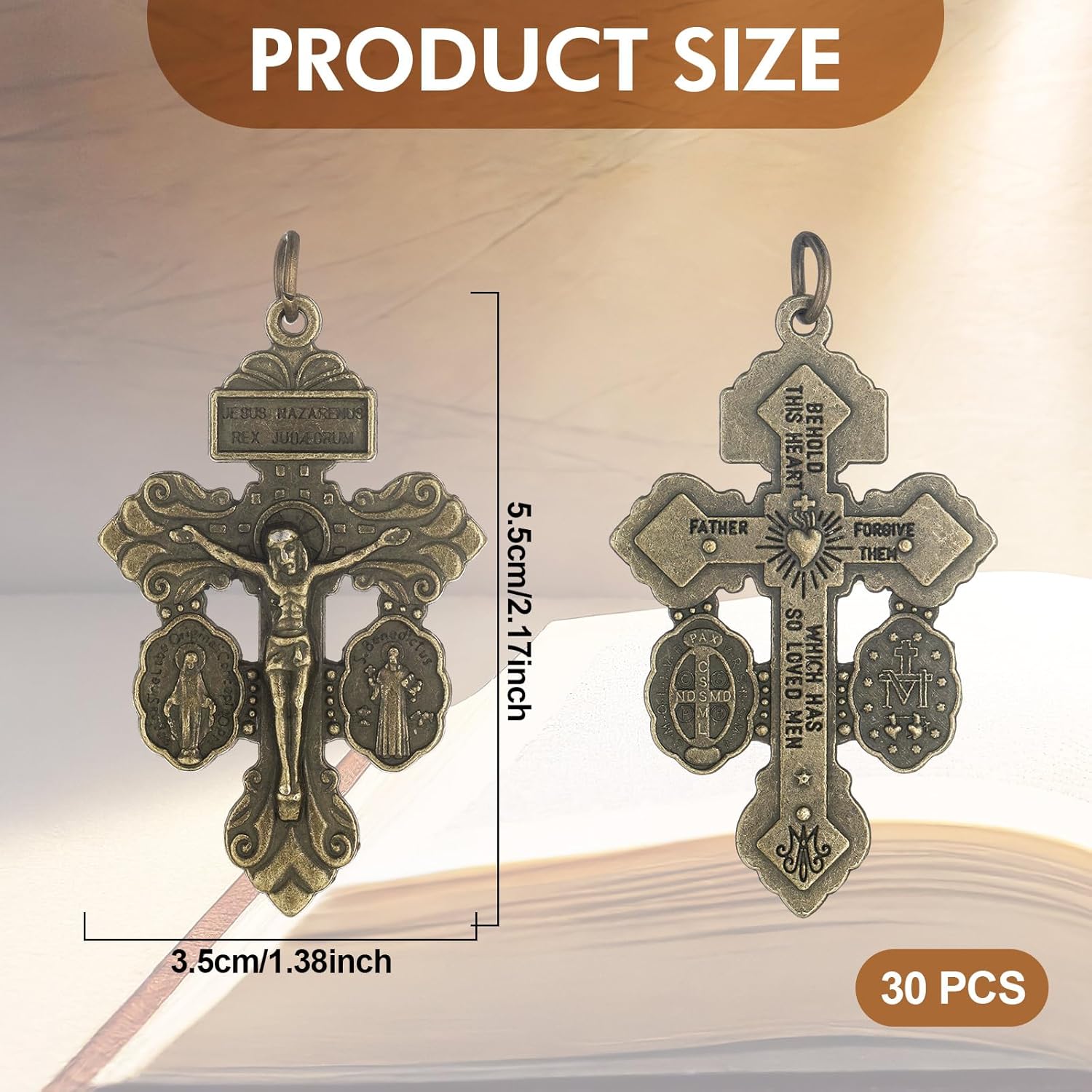 30 Pcs Catholic Crucifix for Rosary Making Bulk 2.2 Inch Cross Charms Pendants Pardon Crucifix for Rosaries Jewelry Making DIY Charms Crafts Supplies(Bronze) - Image 2