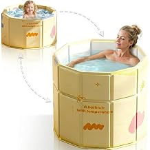 Foldable Edge Portable Bathtub, Collapsible Cold Plunge Tub for Recovery, 2-in-1 Ice Bath & Hot SPA, Easy Step-In for Senior/Child/Pet Wash, Adjust Edge Versatile Tub Fits in Shower Yellow, 80x70 CM