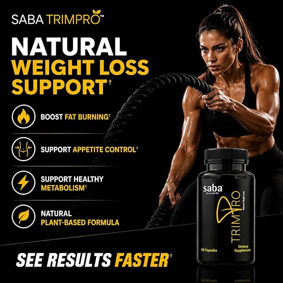 Saba Trim ProTM Metabolism & Weight Management Support Thermogenic Formula with CapsiMax, Phase 2, Green Tea & Dandelion Appetite, Energy, Water Retention & Bloating Support 60 Capsules