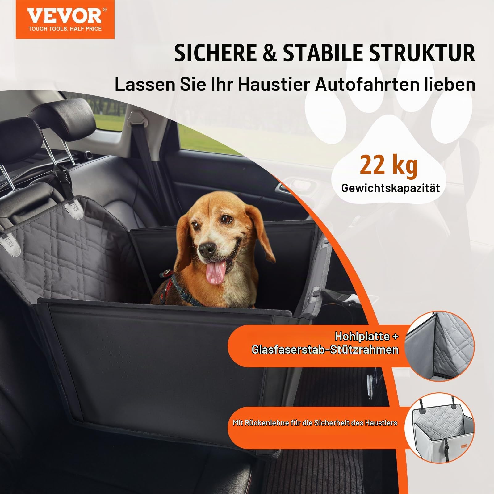 VEVOR Autositz Hunde 75 x 58 x 50 cm, Hundeautositz mit Stützrahmen, Haustierautositz mit ansteckbarer Sicherheitsleine, Baumwollfüllung, Rücksitz für kleine mittele Hunde bis 22 kg, Schwarz