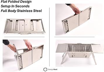 DesignNest Foldable Charcoal Grill - Full Body Stainless Steel Portable BBQ Stand Hibachi with Height Adjustable Grates, 2 Side Trays & Carry Bag 38' Cooking Area For Camping Tailgating & Patios