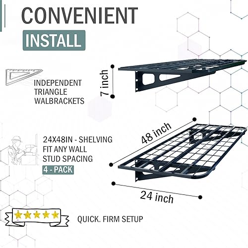Miniatura 3 de Paquete de 4 estantes de pared de garaje de 2 x 4 pies, 4 estantes en total de 16 pies de largo, estantes de almacenamiento resistentes, perfectos