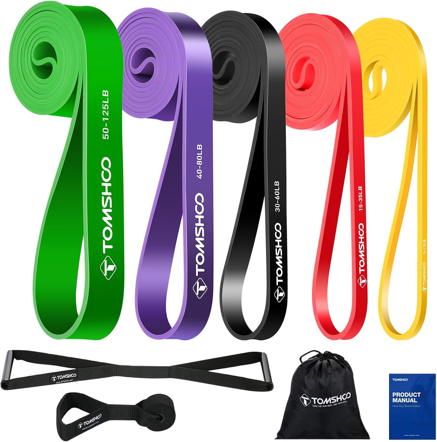 AnNido TOMSHOO 5 Packs Pull Up assist Bands Set Resistance Loop Bands Powerlifting Exercise Stretch Bands with Door anchor and Handles