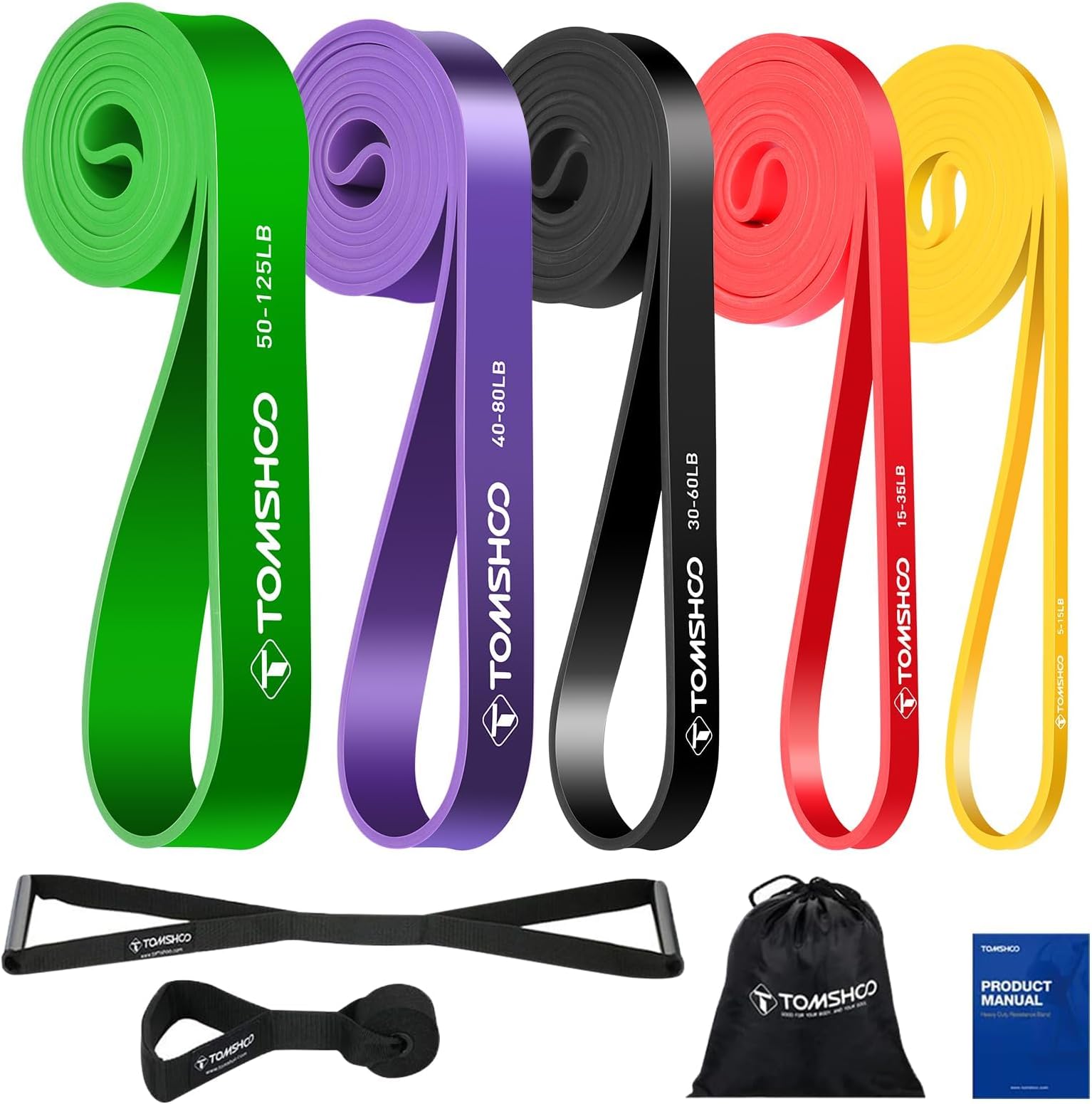 AnNido TOMSHOO 5 Packs Pull Up assist Bands Set Resistance Loop Bands Powerlifting Exercise Stretch Bands with Door anchor and Handles