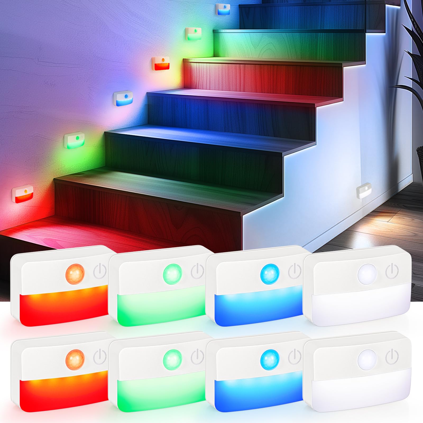 Guankai 8 Pack Motion Sensor Stair Lights for Indoor, Wireless RGB Battery Operated Night Light, Led Stick On Hallway Closet Under Cabinet Stairway Automatic Lamp for Bedroom Kitchen Bathroom