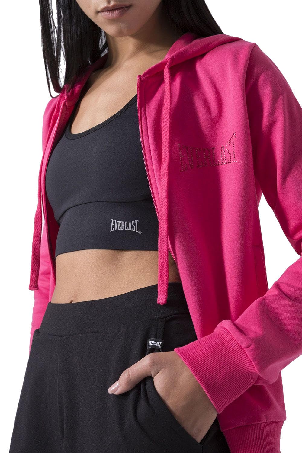Everlast tuta da ginnastica per donna completo sportivo in cotone felpato set per sport e tempo libero o palestra (IT, Testo, L, Regular, Regular, Fuxia/Nero cappuccio)