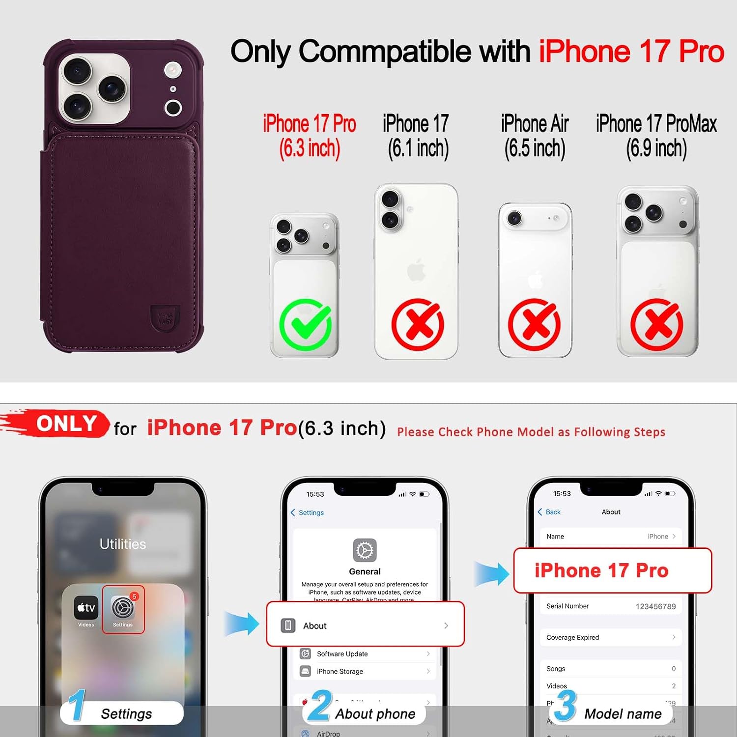 VANAVAGY Compatible for iPhone 17 Pro Wallet Case with RFID Blocking Card Holder, [Screen Protector] PU Leather Kickstand Card Slots Magnetic Clasp Shockproof Case for Women Men,Purple
