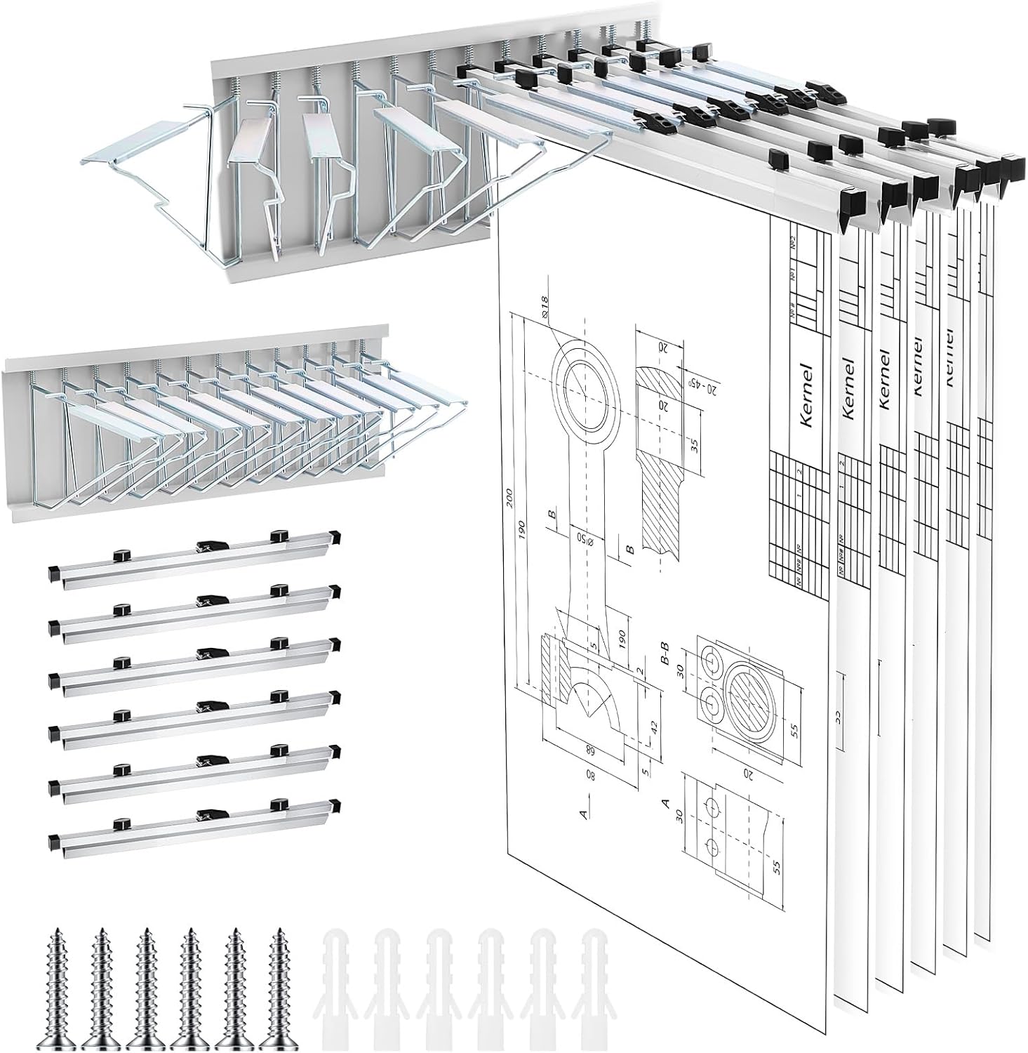 Estune Blue Print Organizer Mobile Blueprint Storage Rack with 6 Clamps Wall Mount File Organizer for Holds up to 1200 Blueprints File Display Plan Jobsite Construction Sites Office Home(24 Inch)