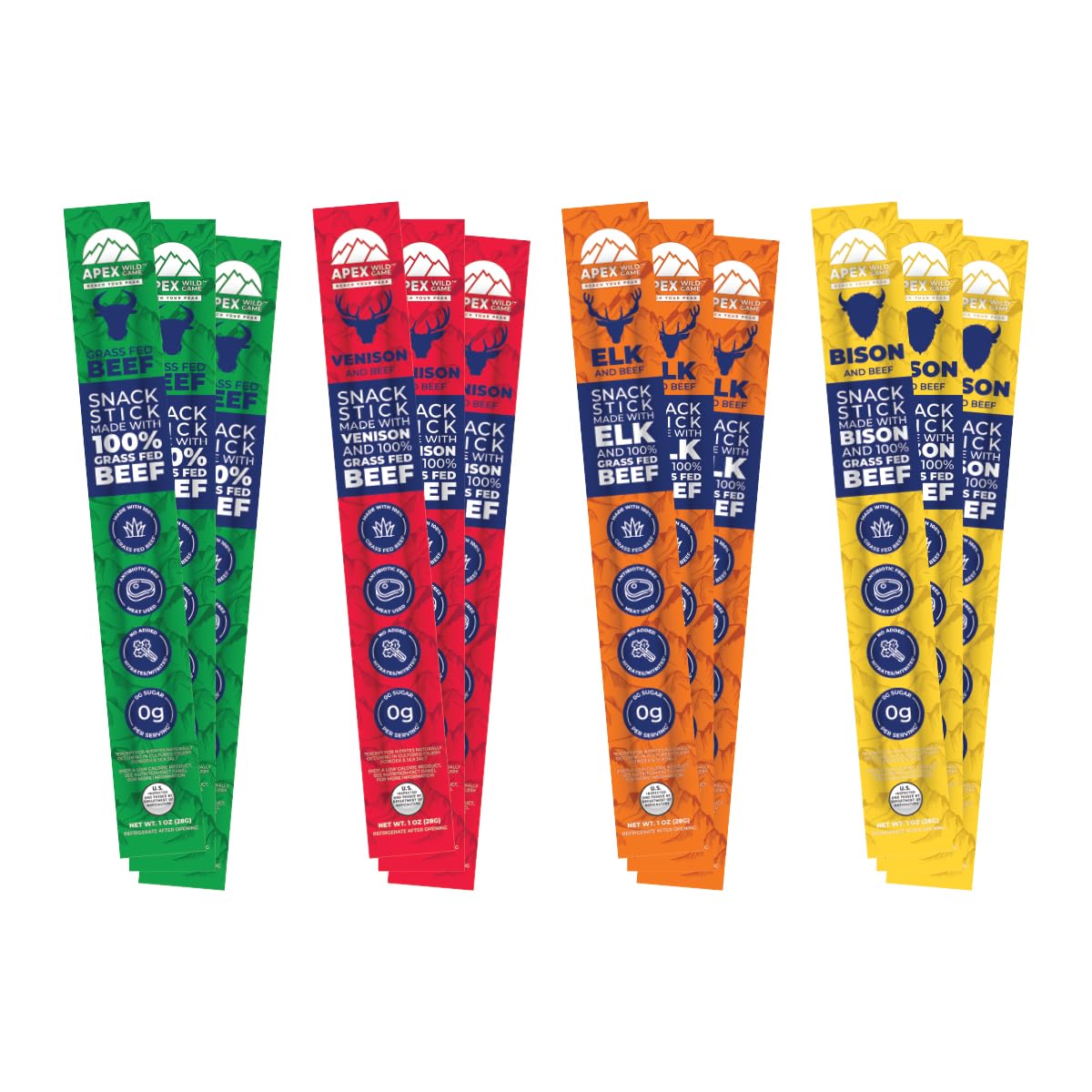 Apex Wild Game, Gluten Free, Keto, Paleo, Grass Fed Beef, Zero Sugar, Jerky Meat Snack Stick, 1oz 12-Pack, Variety