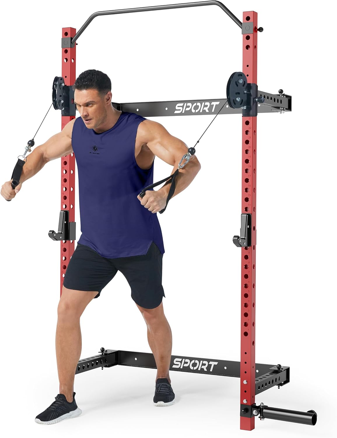 Folding Wall Mounted Squat Rack, 1000 Pounds Capacity Power Rack with Pull Up Bar, J Hooks and Other Attachments, Space Saving Multi-Functional Power Cage for Home Gym