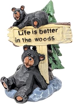 Resin Black Bears Life is Better in the Woods Sign Figurine Statue | Woodland wildlife sculpture with pine tree rock base for rustic cabin lodge tabletop desk shelf decor, unique gift