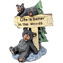 Black Bears with Life Is Better in the Woods Sign Figurine Resin Woodland Wildlife Sculpture with Pine Tree and Rock Base, Rustic Cabin & Lodge Tabletop Decor, Nature-Inspired Gift for Bear Lovers