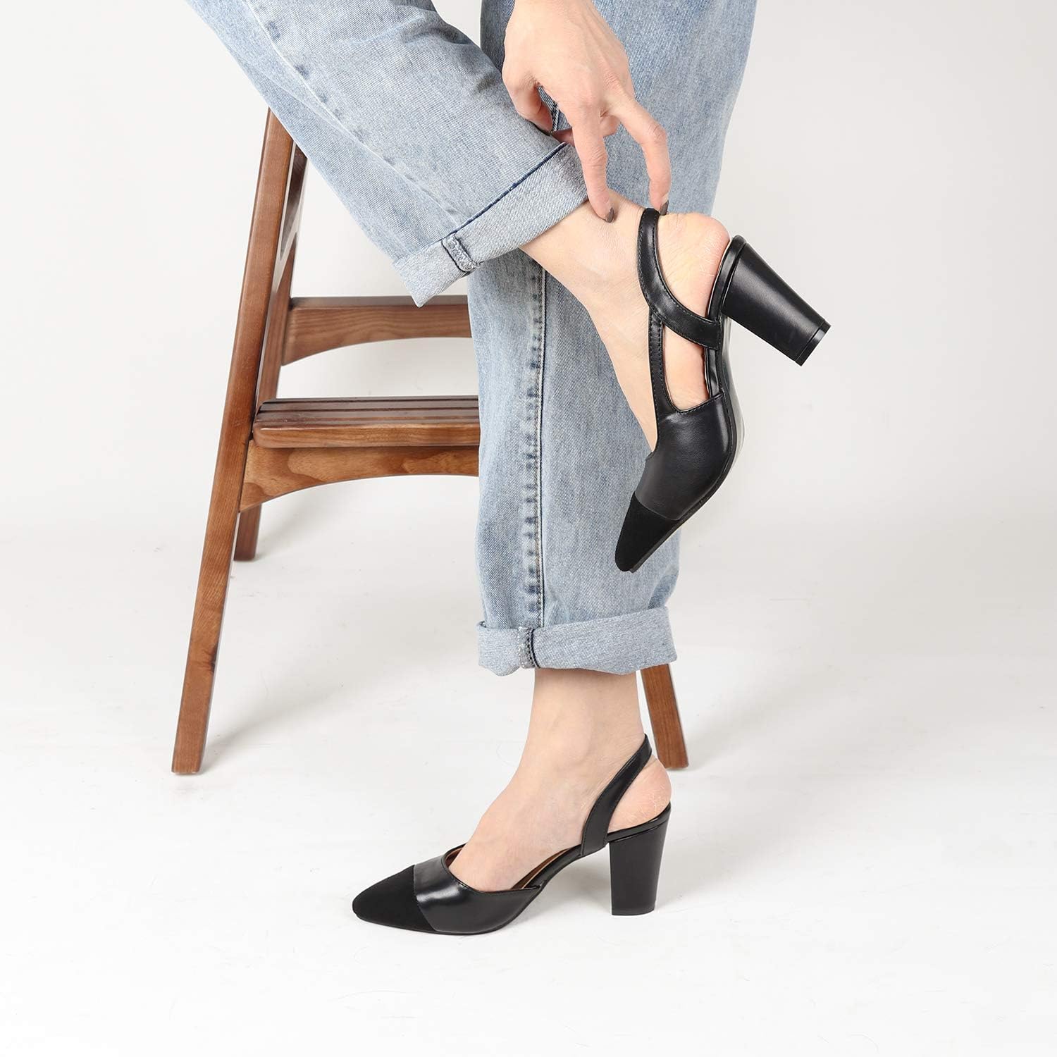 two tone block heel slingback