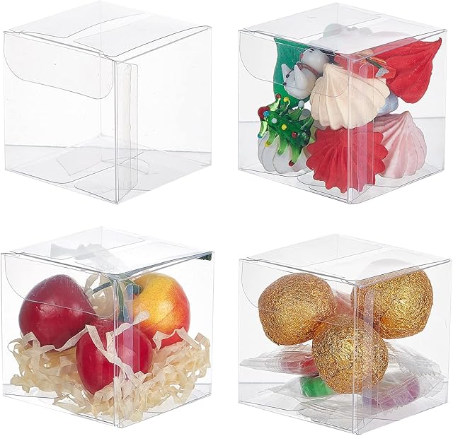 BENECREAT 60PCS 5x5x5cm Clear Cube Wedding Favour Boxes with Protective Film, PVC Transparent Cube Gift Boxes for Jewelry Storage Display, Candy, Chocolate, Cake, Balloon