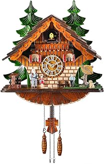 Kintrot Cuckoo Clock Traditional Chalet Black Forest House Clock Handcrafted Wooden Wall Pendulum Quartz Clock - Walnut
