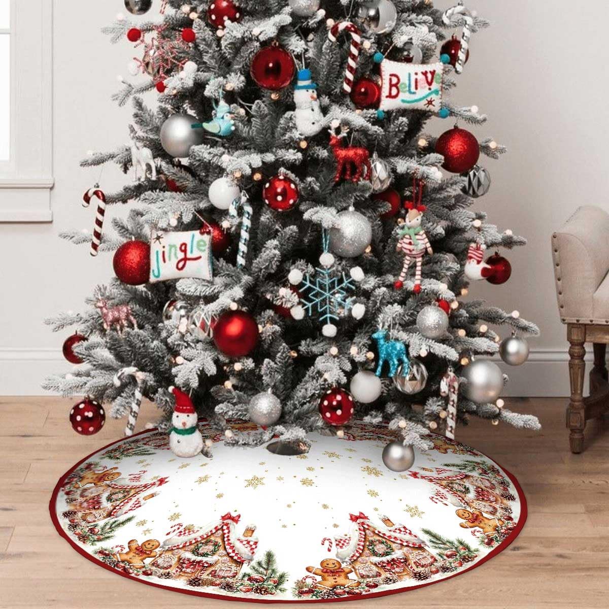 Christmas Tree Skirt 36Inches Christmas Gingerbread Sweet Candy Lollipop Xmas Tree Skirt Mat for New Year Holiday Christmas Party Red Gold Decorations (Red, 36in)