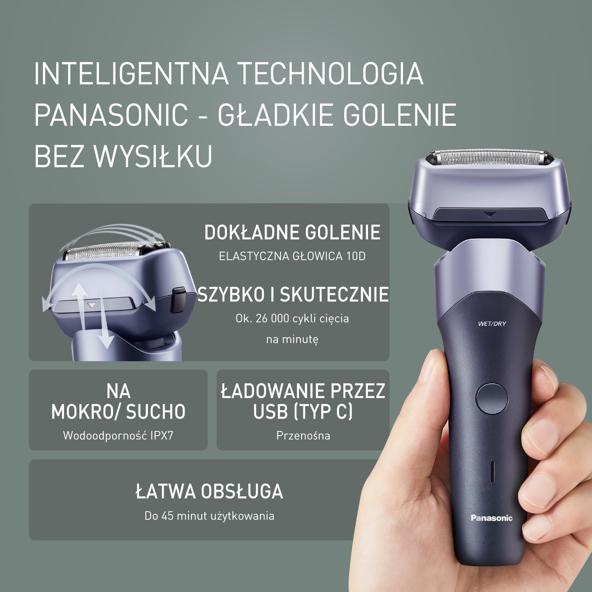 Panasonic Series 500, ES-ERM3FV503 Golarka elektryczna z 3 ostrzami, do golenia na mokro i sucho, akumulatorowa, japońska stal nierdzewna, elastyczna głowica 10D, IPX7, ładowanie USB-C, fioletowa