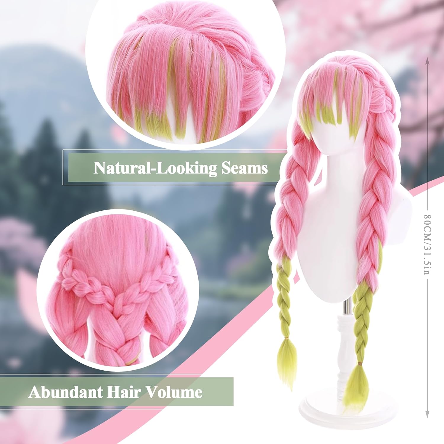 Cute Halloween Anime Pink and Green Cosplay Wig, 2 Hair Caps + Wig, Synthetic Braided Hair with Pigtails for Parties and Cosplay Events for Women and Teen Girls - Image 5