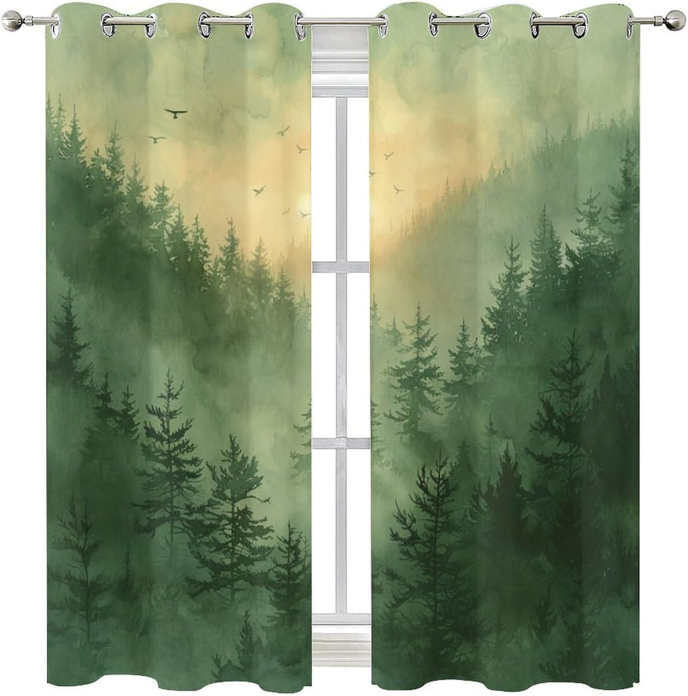 Misty Forest Fantasy Curtains for Bedroom, Sunset Bird Tree Mountain Grommet Blackout Curtains Thermal Insulated Window Drapes for Living Room, 21W x 45L, 2 Panels